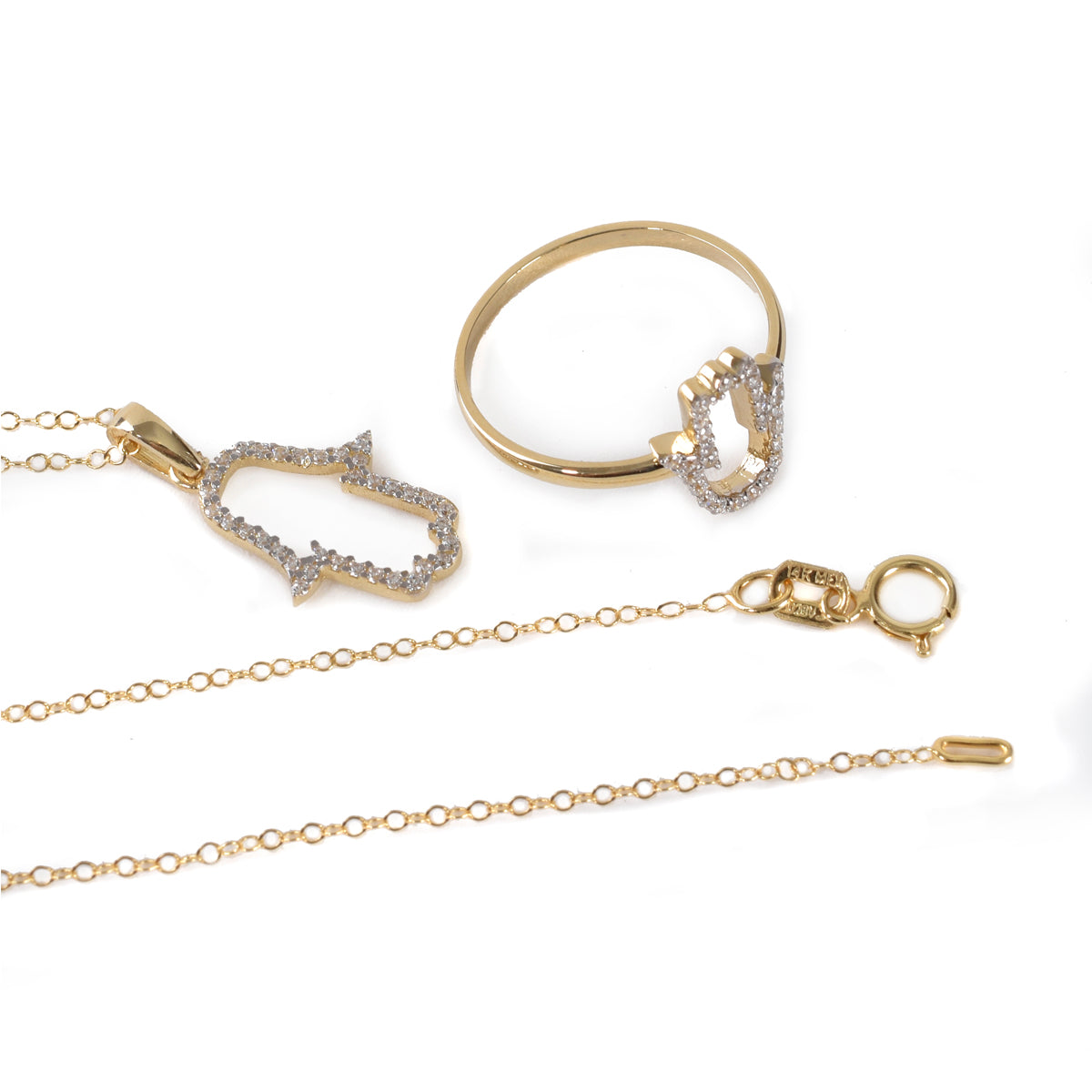 Juego Mano de Fátima Oro 14K con zirconias