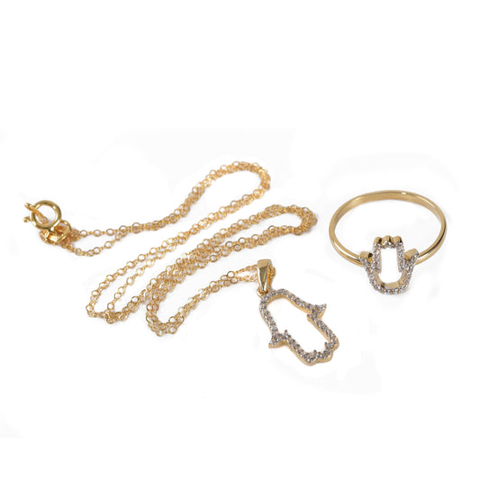 Juego Mano de Fátima Oro 14K con zirconias