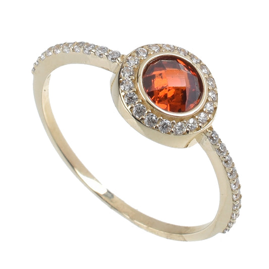 Anillo Solitario con gema Roja oro 14K con zirconias